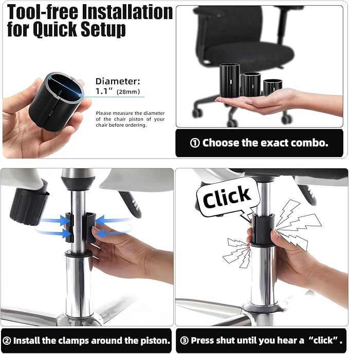 Office Chair Cylinder Replacement - Sytopia Fix Sinking Office Chairs, 4 Pieces Clamps for Height Extenders, up to 5 Inches, Stop Cylinder from Sinking, No Tools required, Fit for 95% Swivel Piston