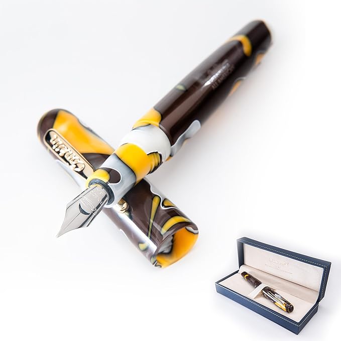 Conklin All American Fountain Pen in Yellowstone – Stub Nib, Unique Yellow, Brown & White Design – Ideal Gift for Calligraphers & Pen Collectors