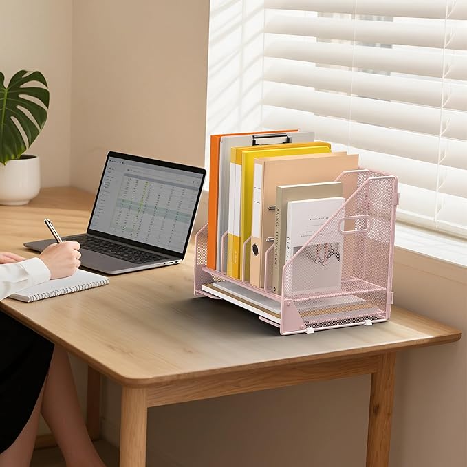 OrgMate Desk File Folder Holder Organizer-4 Vertical Compartments Racks and Paper Letter Tray,Mesh Magazine File Holder Sorter,Desktop Accessories & Workspace Organizers for Home,Office,School-Pink