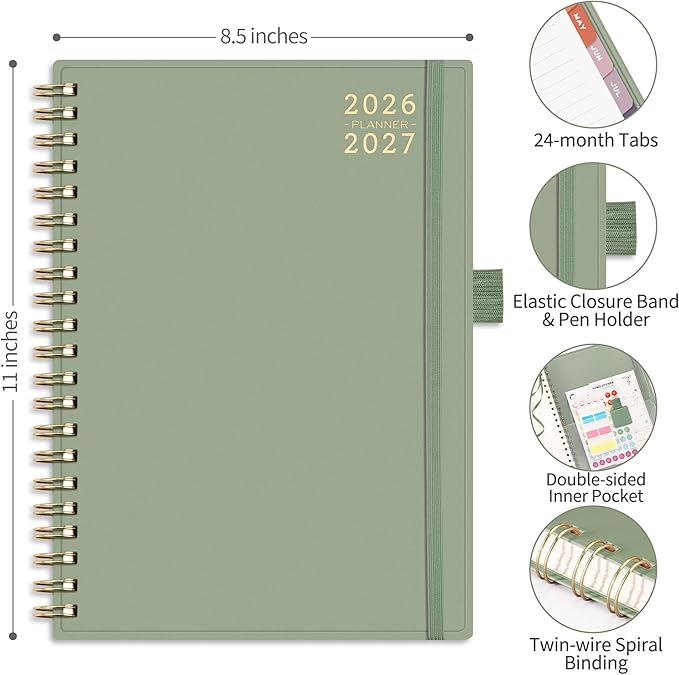 RETTACY 2026-2027 Monthly Planner, Jan 2026 - Dec 2027, Large Size (8.5" x 11"), Agenda, Calendar, 24 Month Tabs, Flexible Plastic Cover, 100 GSM Thick Paper, Spiral-bound (Light Green)