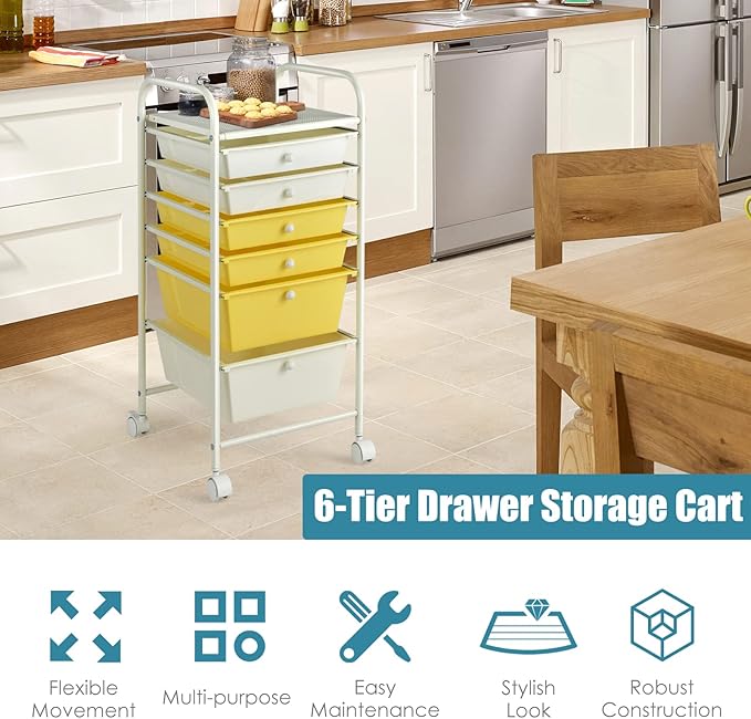 Giantex 6 Storage Drawer Cart Rolling Organizer Cart for Tools Scrapbook Paper Home Office School Multipurpose Mobile Utility Cart (Beige & Yellow)