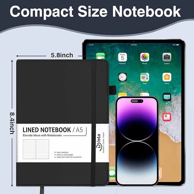 Dynta Hardcover Journal Notebooks 10 Pack A5 Lined Journals Bulk 5.8 x 8.4 Inch 160 Pages/80 Sheets College Ruled with Pen Loop Notebooks for Work, Writing, Note Taking (Black)