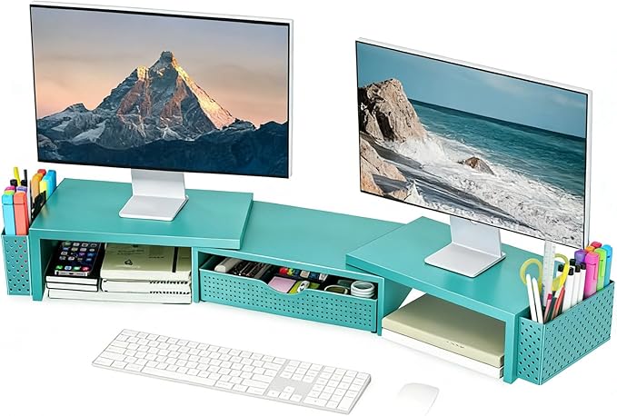 Spacrea Metal Desk Organizers and Accessories, Dual Monitor Stand Riser with Drawer and 2 Pen Holders, Desk Accessories & Workspace Desktop Organizers for Office Supplies (Blue)