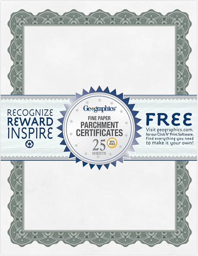 Geographics® 30% Recycled Blank Parchment Certificates, 8 1/2" x 11", Optima Green, Pack of 25