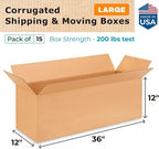Exrta Large Shipping & Moving Boxes 36"L x 12"W x 12"H (15-Pack) - Extra Strength 200 lb vs Regular - Corrugated Packing Boxes for Moving - Easy-to-Recycle Cardboard Box by IDL Packaging