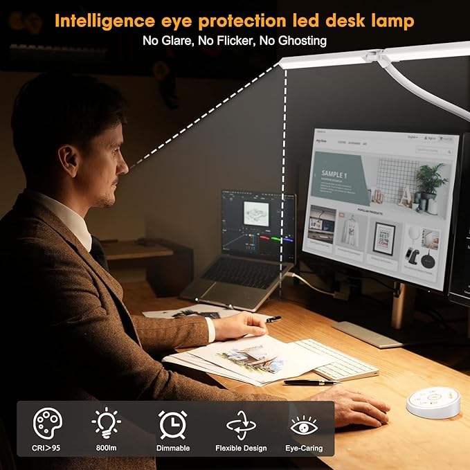 Pzloz Led Desk Lamp for Office Home - Eye Caring Architect lamp with Clamp,Dual Screen Computer Monitor Work Smart Light: 24W 5 Color Flexible Adjustable Lighting Table Lamp for Study White