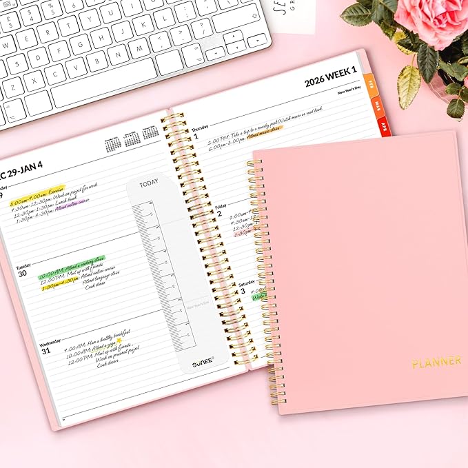 SUNEE 2026 Weekly and Monthly Planner - from January 2026 - December 2026, Daily Agenda Planner with Monthly Tab, Flexible Cover, Note Pages, Pockets, Bookmark, Spiral Binding, Pink, 8.5"x11"