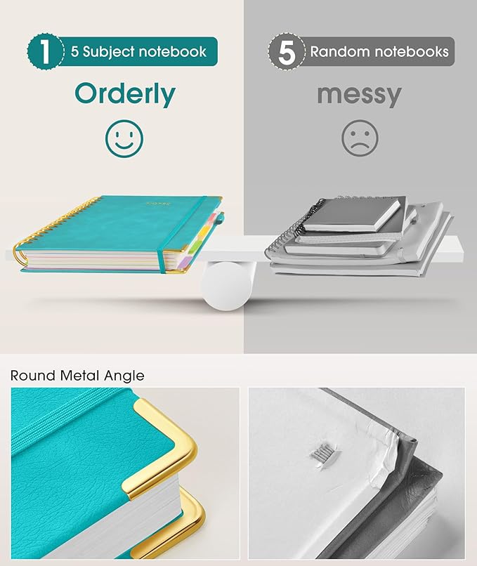 Hardcover Spiral Notebook Journal with Removable Dividers Tabs, 300 Pages Leather 5 Subject Notebook College Ruled, 8"x10" Large B5 Notebooks for Work School Note taking, Lined Journal for Women, Blue