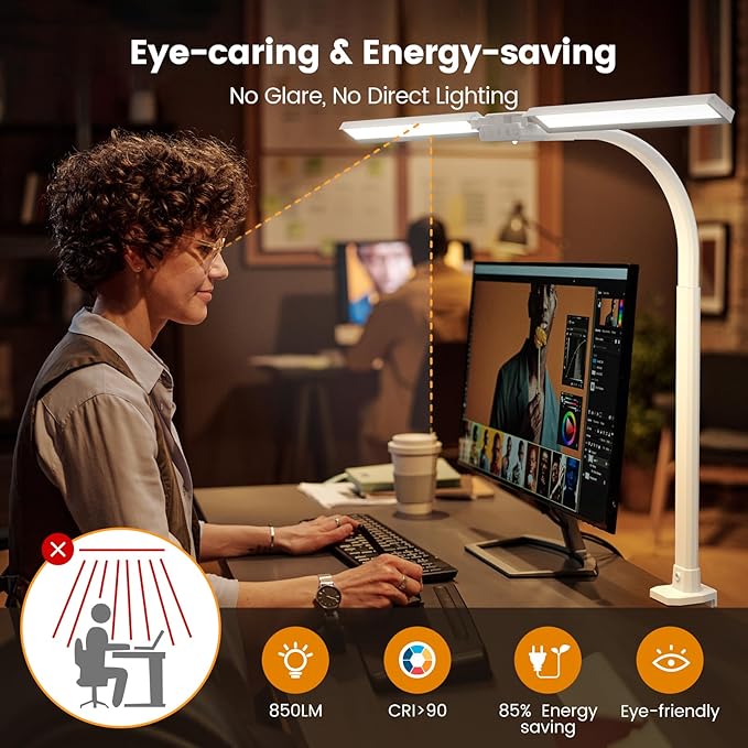 SIBRILLE Upgraded LED Desk Lamp for Home Office with RGB, Rotatable Computer Desk Light with Remote, Eye Caring Table Lamp with Clamp, Dimmable Dual Head Desk Lighting for Desktop, 22W, White
