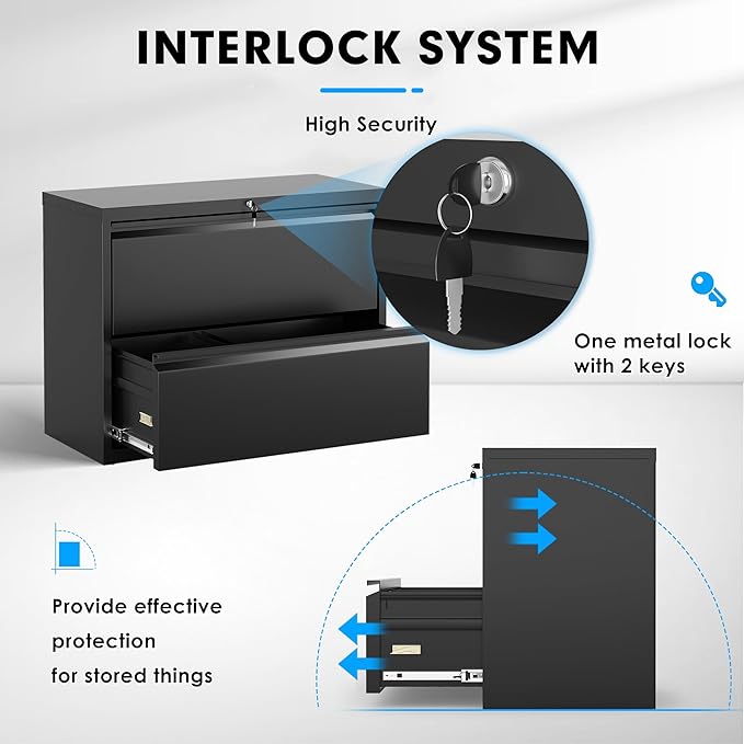 Pataku Lateral File Cabinet, 2 Drawer File Cabinet with Lock, Black Filing Cabinets for Home Office, Metal File Cabinet for Hanging Files/Letters/Legal/F4/A4(2Drawer/Black)