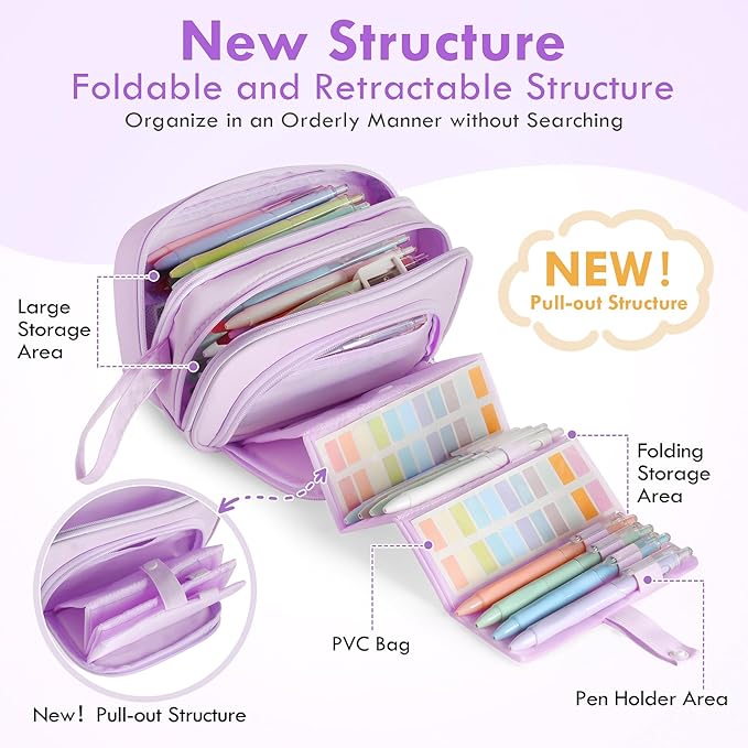 SANANT Large Capacity Pencil Case with Pull-out Structure - Multifunctional Extra Big Pencil Pouch Pen bag, Portable Stationery Organizer with Zipper, Office School Supplies for Boys Girls, Purple