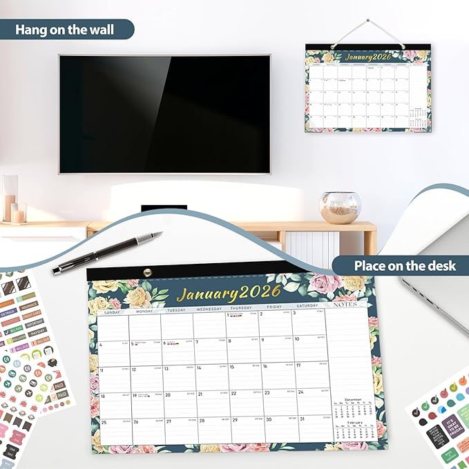 Desk Calendar 2026, Monthly Desktop Large Calendar (Jan 2026 - Jun 2027) 17" x 12" Desk Wall Planner for Family Teacher School Office Supplies, Vintage Floral