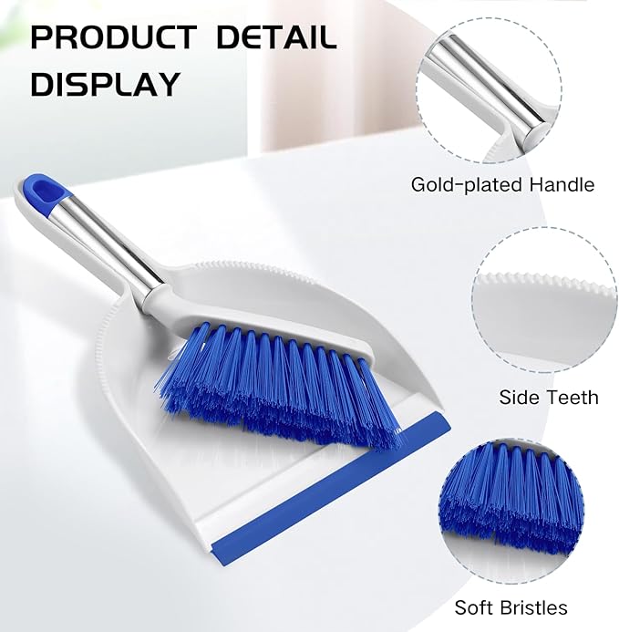 NACENA Mini Broom and Dustpan Set, Small Dust Pan and Brush Set with Handle Dustpan Teeth for Cleaning Hair Suitable for Office Desks Drawers Sofas Outdoor Camping, Blue