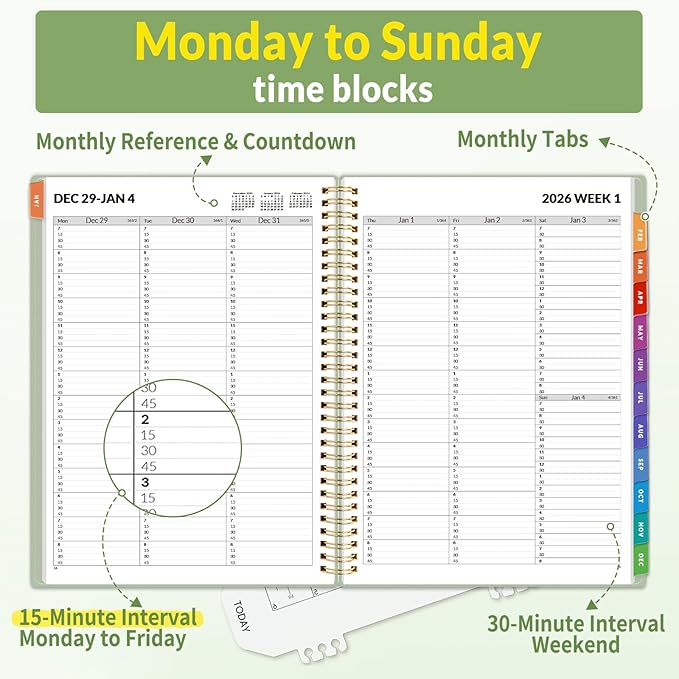SUNEE 2026 Appointment Book, Quarter-Hourly, Weekly & Monthly - from January 2026 - December 2026, 8.5"x11" Weekly Planner, Flexible Cover, Note Pages, Pockets, Bookmark, Spiral Binding, Green