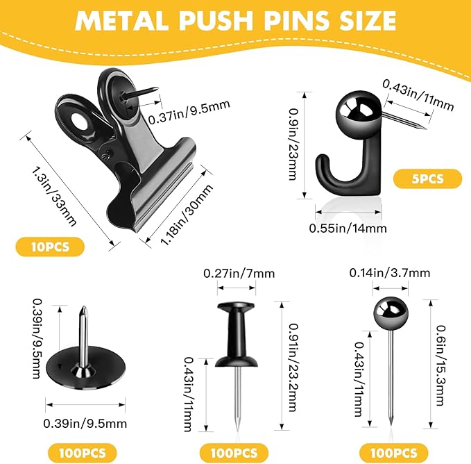 GOOLADA 315Pcs Decorative Push Pins,5 Style Cork Board Pins, Black Metal Push Pins, Push Pin Clips for Bulletin Board, Cute Thumb Tacks, Black Office Supplies for School and Home