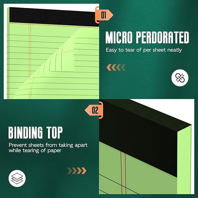 3 Pack Colored Legal Pads 8.5 x 11 Wide Ruled Note Pads, Green Notepads Writing Pads 30 Sheets/Pad, Perforated Lined Paper Note Pad 8.5 x 11 of Paper Notebook To-Do List for School & Office Supplies