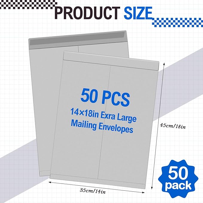 Motipuns 50 Pcs 14'' x 18'' Extra Large Mailing Envelopes 32lb with Gummed Flaps, Catalog Jumbo Craft Envelopes for Mailing, Storage and Organizing Documents Office Supplies(Gray)