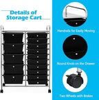 DORTALA 15-Drawer Rolling Storage Cart with Drawers, Rolling Utility Cart w/Removable Drawers & Universal Wheels, Tools Scrapbook Paper Organizer for School, Office, Home, Classroom (Black)