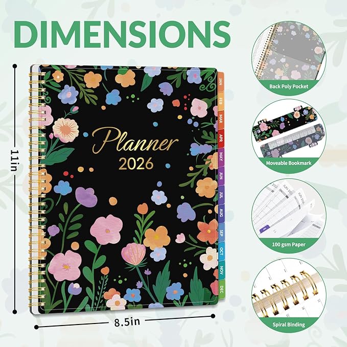 GNL 2026 Planner, Weekly and Monthly Planner (January - December 2026), 8.5" x 11" Monthly Agenda Planner with Waterproof Flexible Cover, Spiral Binding Notebook with Tab, Pockets, Bookmark, Flower