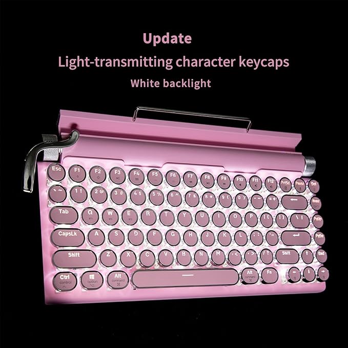 Adventurers Typewriter-Style Retro Mechanical Keyboard LED Backlight 83 Keys Bluetooth 5.0 Blue Axis Pink Color Panel Compatible with iOS/Android/Windows/Vista/Linux/Mac Office/Gaming, 12.3x6.6x1.6in