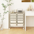 Happygrill 12-Drawer Rolling Storage Cart, Multipurpose Storage Cart W/Lockable Wheels, 2 Sizes Plastic Drawers & Metal Shelf, Mobile Utility Cart for Home Office School (Ivory)