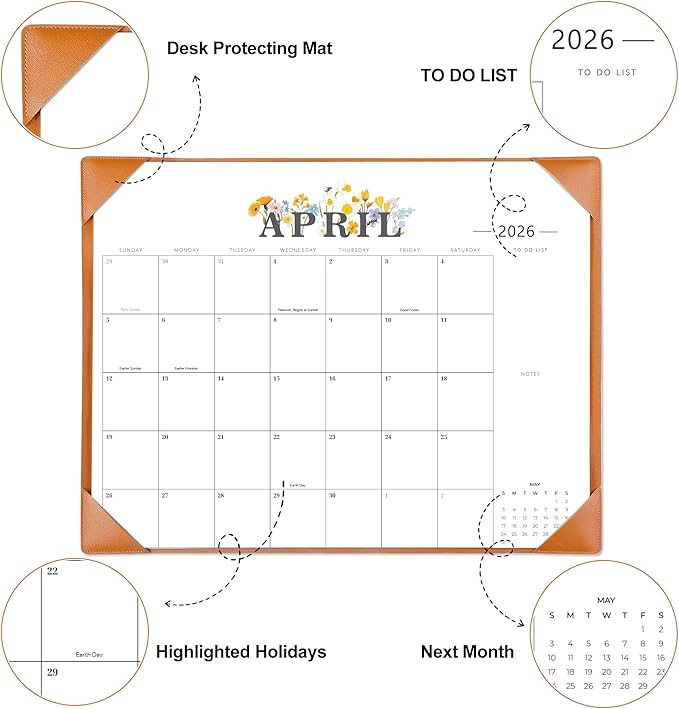 2026 Desk Calendar - 18 Month Desktop Calendars (Jan 2026–Jun 2027),Large 22x17 Monthly Calendar with Home & Office Floral Desk Pad Calendars (Brown, 22*17)