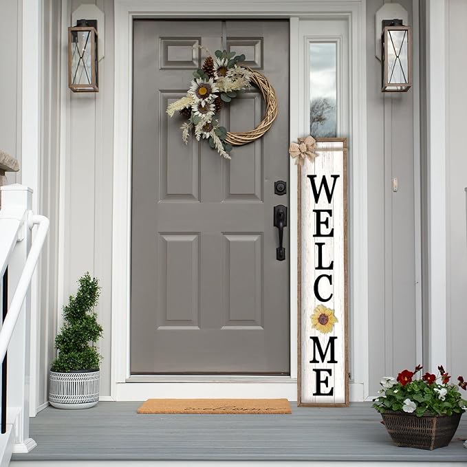 LuZhiQiang Front Porch Welcome Sign for Interchangeable Standing 45"X9" With 12 Pcs Replaceable Icons Wood Frame Signs Outdoor Front Door Decor (Wood White)