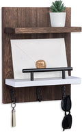 Key Holder Wall Mount, Key Holder With 2 Display Shelf, 3 Hooks for Key, Coat, Dog Leash, Key Hanger with Hook for Mail, Potted Plant, Farmhouse Mail Holder, Entry Way Organizer (Brown & White)