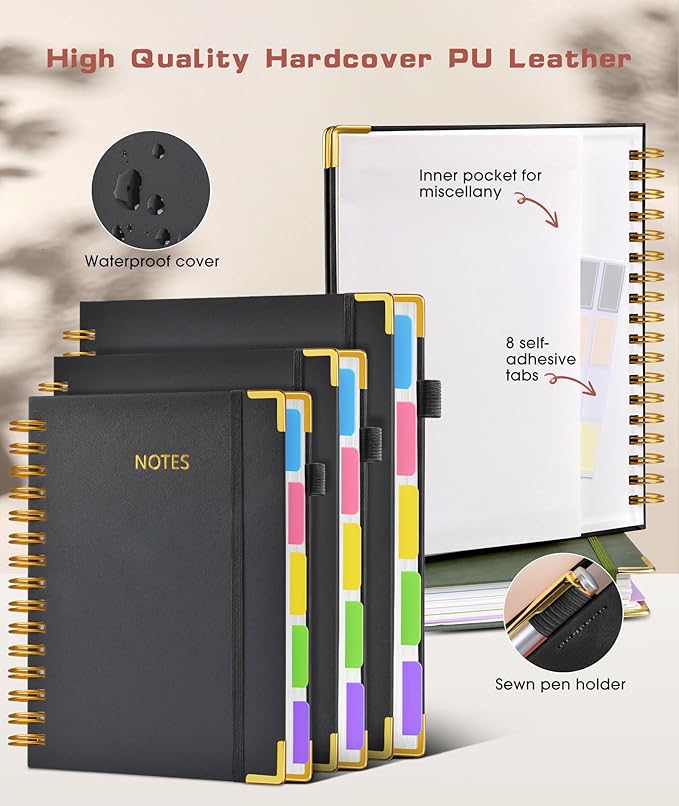 Hardcover Spiral Notebook 8.5"x11" Journal with Removable Dividers Tabs, 300 Pages Leather 5 Subject Notebook College Ruled, Large A4 Notebooks for Work School, Lined Journal for Women, A4 Black