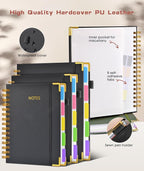 Hardcover Spiral Notebook 8.5"x11" Journal with Removable Dividers Tabs, 300 Pages Leather 5 Subject Notebook College Ruled, Large A4 Notebooks for Work School, Lined Journal for Women, A4 Black
