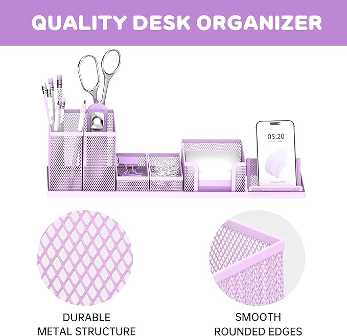 SUPEASY Pen Holder for Desk, 6 Piece Mesh Desk Organizer set for Office Organization with Mail Organizer, Letter Phone Holder, Sticky Notes Caddy Storage, Purple
