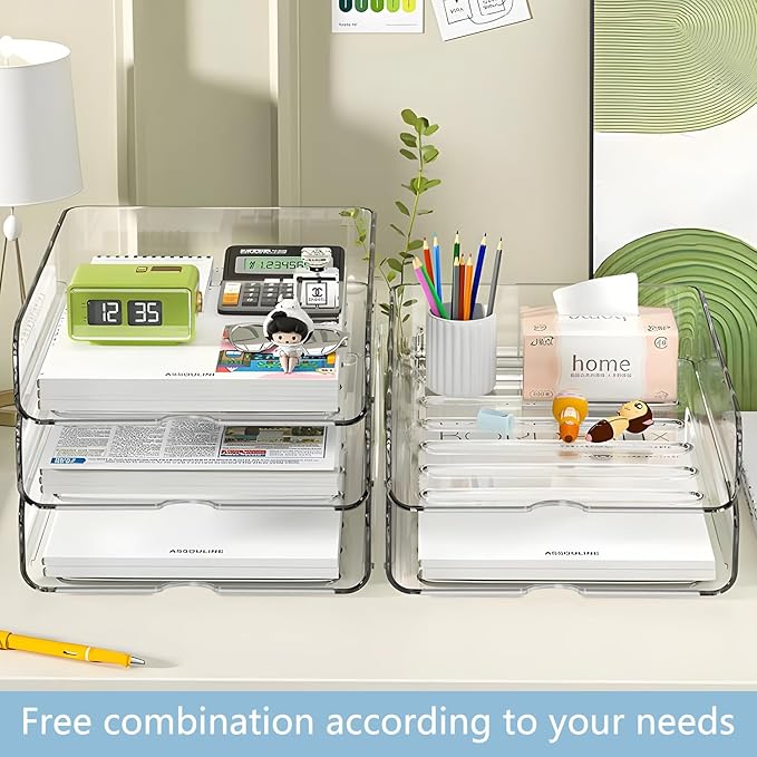 OUTIOE 4-Tier Paper Organizer for Desk, Stackable Desk Organizer Paper Tray, Ideal for Office Supplies, A4 Storage (Clear, 4-Tier)