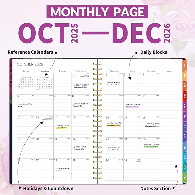 GNL 2026 Planner, Weekly and Monthly Planner January - December 2026, 6.4" x 8.3" Monthly Planner with Waterproof Flexible Cover, Spiral Binding Notebook with Colorful Tab, Pockets, Bookmark, Rose