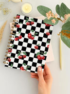 Black and White Checkered Spiral Notebooks - Retro Plaid Journal, Cherry Themed Gifts for Teen Girls Women, Cherry Hardcover sprial Notebook for Note Taking Writting, 5.5x8.3 Inch-352