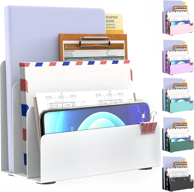 OUTIOE Mail Organizer Countertop, Small Desk File Organizer, Metal File Holder - Essential Workspace Organizers for Office Desk, Home Office (White)