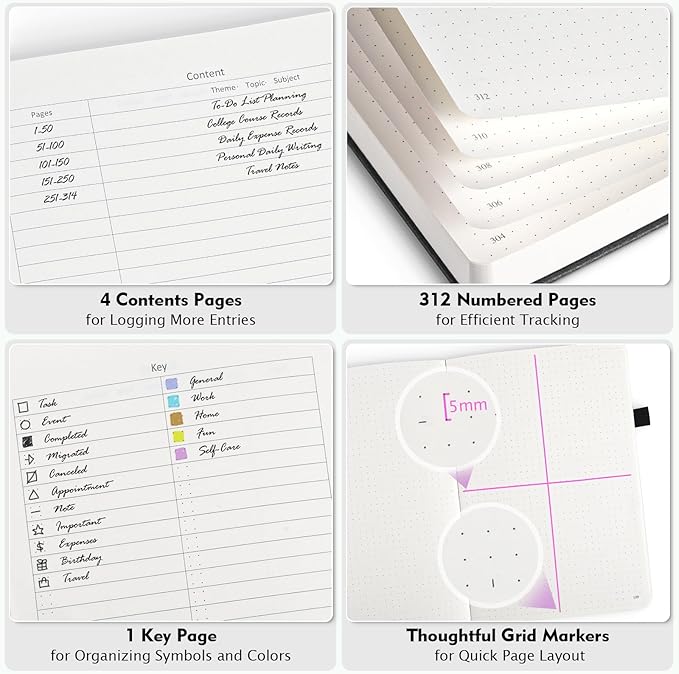 OFFIGIFT Bullet Dotted Journal Notebook, 312 Numbered Pages A5 Hardcover Leather Journal, 100gsm No Bleed Paper Dot Grid Notebook with Index Pages, Dot Journal for Women Men, 5.75" x 8.38", Burgundy