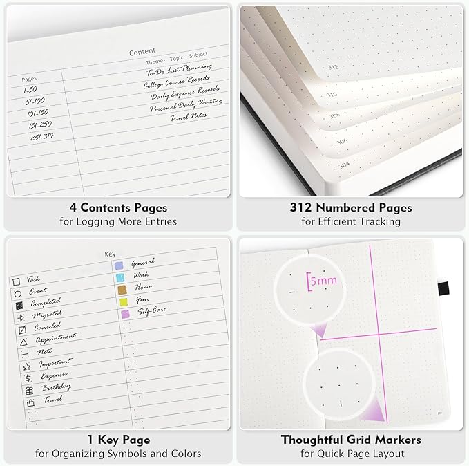 OFFIGIFT Bullet Dotted Journal, Large A4 Hardcover Leather Journal, 312 Numbered Pages Thick Journal, 100gsm No Bleed Paper Dot Grid Notebook for Women Men, 8.5'' × 11'', Black