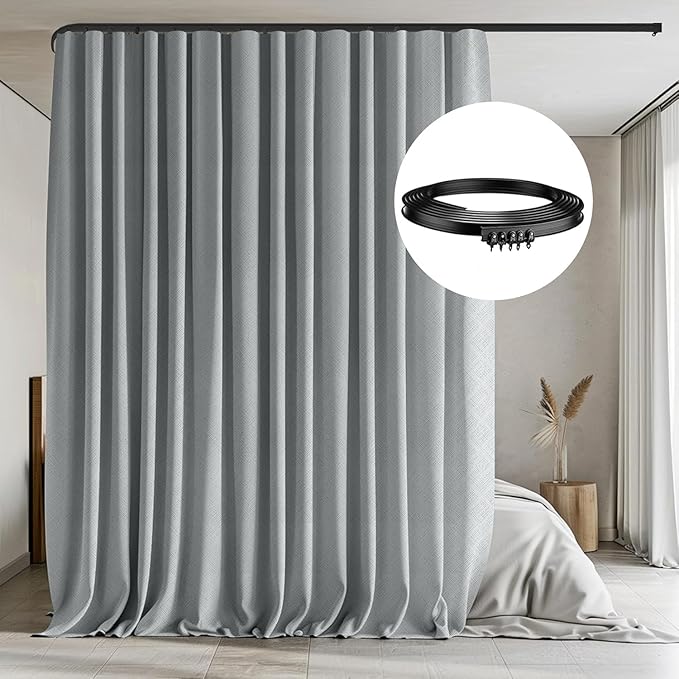 MaKefeile Room Divider Curtains with Flexible Ceiling Tracks Set,Blackout Curtain Ceiling Mount Curtain Track Privacy Room Dividers Ceiling Track Curtain Rod(Grey Drape & Black Rail W 12.5 × H 9 FT)