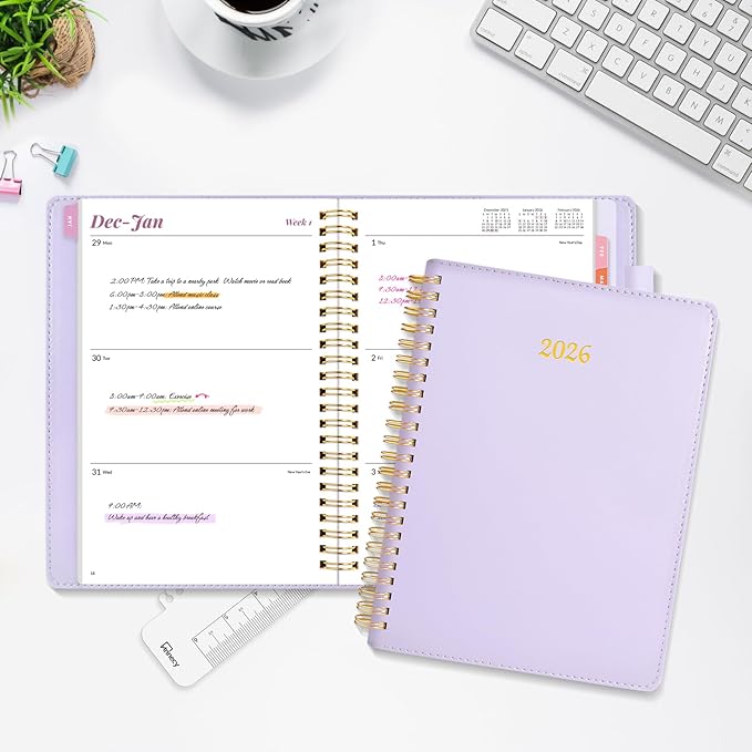 2026 Planner, Annecy Weekly ＆ Monthly Planner 2026, Jan. 2026 – Dec. 2026, 6.4" x 8.5" Monthly Agenda Planner with Tabs, Vegan Leather Cover, Spiral Binding, Double-sided Pocket, Bookmark, Purple