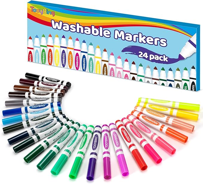 TooyBing 24 Color Washable Markers, Colored Washable Markers for Kids, Broad Tip Durable for Coloring Book, Back to Classroom Art School Supplies for Students Teachers Children
