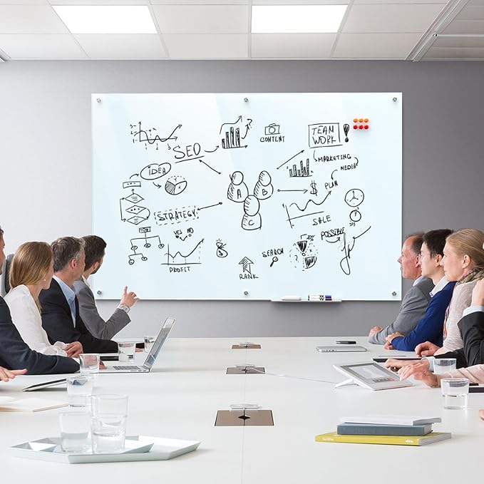 MaxGear Glass Whiteboard Wall Mounted, Frameless Magnetic Dry Erase Board, Tempered Glass, Steel-Backed, Non-Porous Smooth Surface, Floating Design, Accessories Included, for Office Home Classroom
