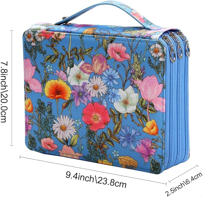 Vomgomfom Colored Pencil Case - 124 Slot Pencil Holder with Zipper Closure, Twill Fabric Large Capacity Pencil Case for Watercolor Pens or Markers, Artist Organizer (Blue Flower)