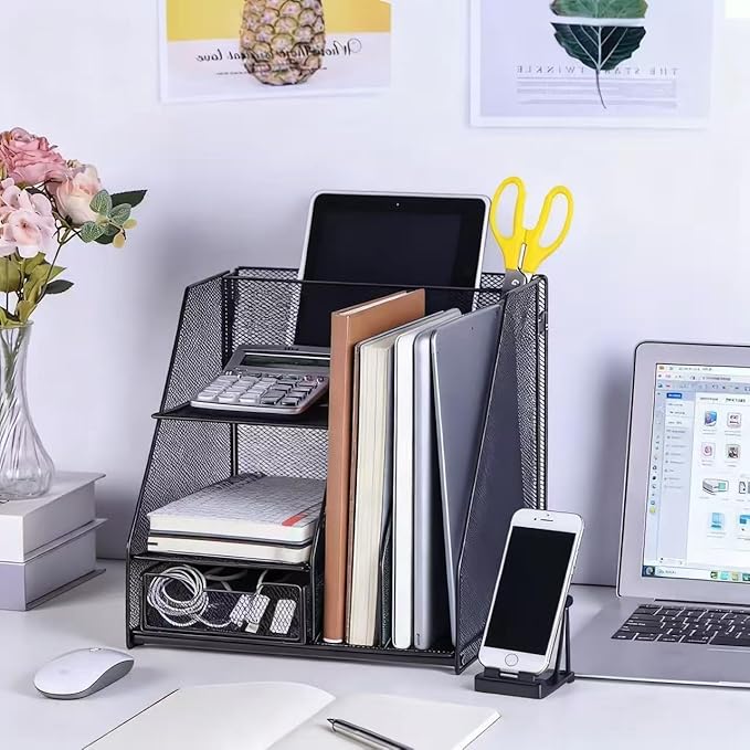 Black Mesh Desk Organizer Set, 3-in-1 Office Organizer with File Holder, Drawer & Accessories Tray, Multi-functional Desktop Storage for Stationery, Documents, Home & Office