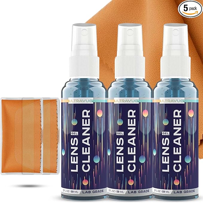 ULTRAVUE Eyeglass Gel Lens Cleaner Spray Kit - 3 x 2oz Gel Eyeglasses Cleaner Spray Bottle + 2 Microfiber Cloth for Cleaning - Safe for All Lenses (AR Coated Included), Eyeglasses and Screens