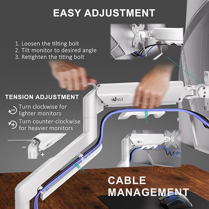 WALI Heavy Duty Single Monitor Arm for 17-49 Inch Flat Curved Ultrawide Screens, up to 33 Lbs, Adjustable Gas Spring Single Monitor Desk Mount for Home Office Gaming, VESA 75/100mm (GSM001XLNW), White
