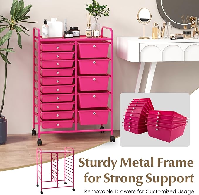 GLACER 15 Drawers Rolling Cart, Storage Cart with w/Removable Drawers & Steel Frame, Multipurpose Organizer Cart w/Sleek Handle, Utility Cart on Lockable Wheels for Home, School, Office (Hot Pink)