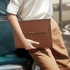 VANRA File Folder Document Holder Organizer Waterproof Portfolio Leather Folder Case with 3 Pockets, Filing Envelopes for A4 Letter Size Paper with Snap Magnetic Button Closure (Brown)