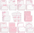 TaoBary 160 Pcs Stationery Paper Set 50 Double Sided Stationery Papers with 50 Matching Envelopes and 60 Round Dot Sticker, 10 Design(Pink Bow,5.5 x 8.25 Inch)