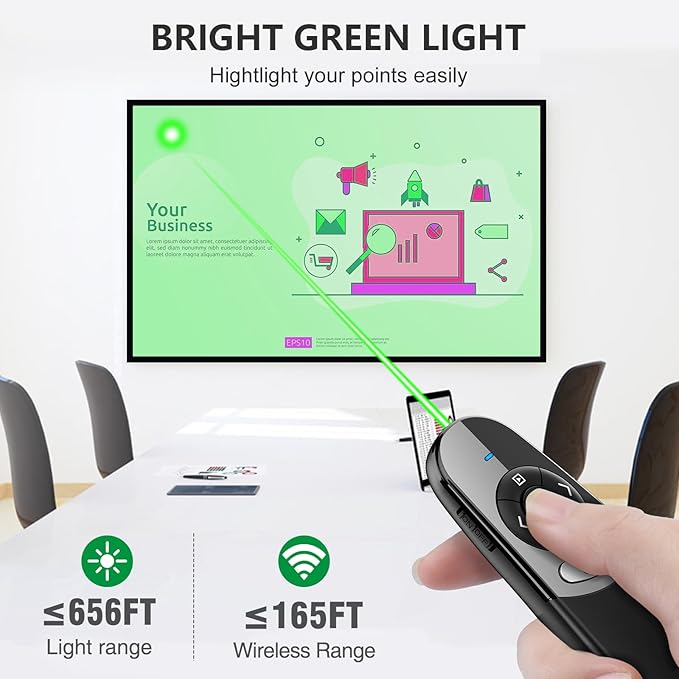 DINOSTRIKE USB A and USB C Presentation Clicker Green Light, RF 2.4GHz Wireless Presenter Remote Powerpoint Clicker Slide Advancer for Mac Laptop Computer Office Classroom