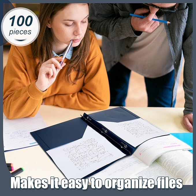 Lincia 100 Pcs Plastic Folders with Pockets and Prong Folders with Prongs 2 Pockets for Office, School for Students, Teachers, Office Workers(Navy Blue)